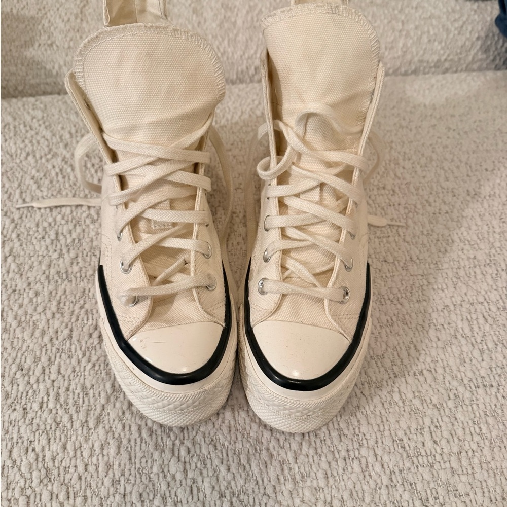 Canvas High-Top Sneakers in Cream with Black Trim